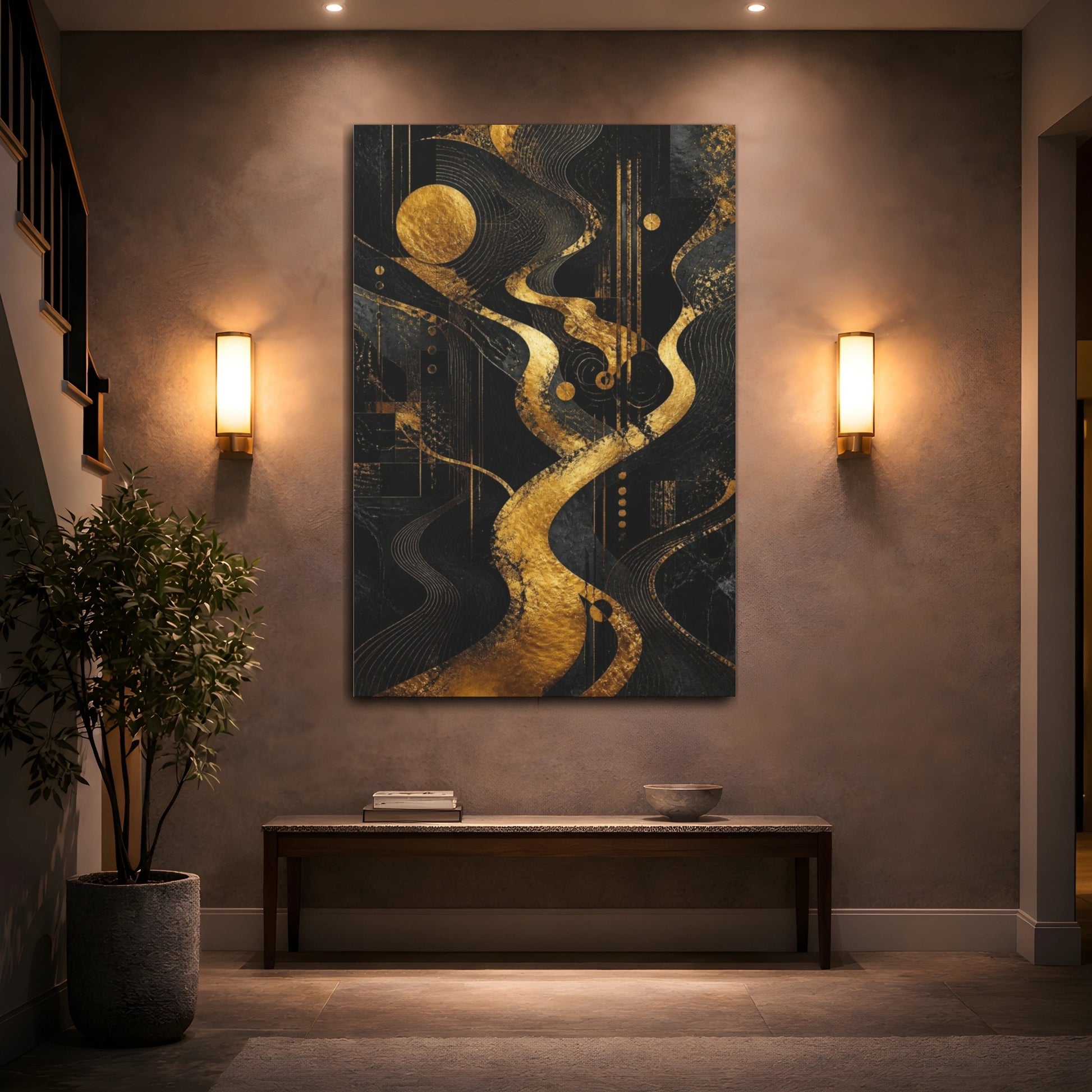 Mockup 2. Abstract Gold Pathway shown as canvas print