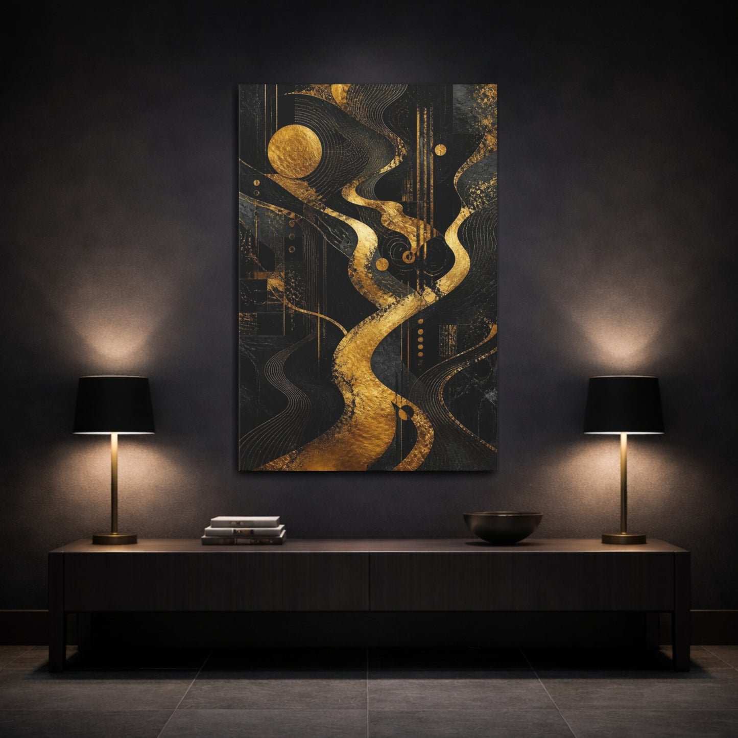 Mockup 3. Abstract Gold Pathway shown as canvas print