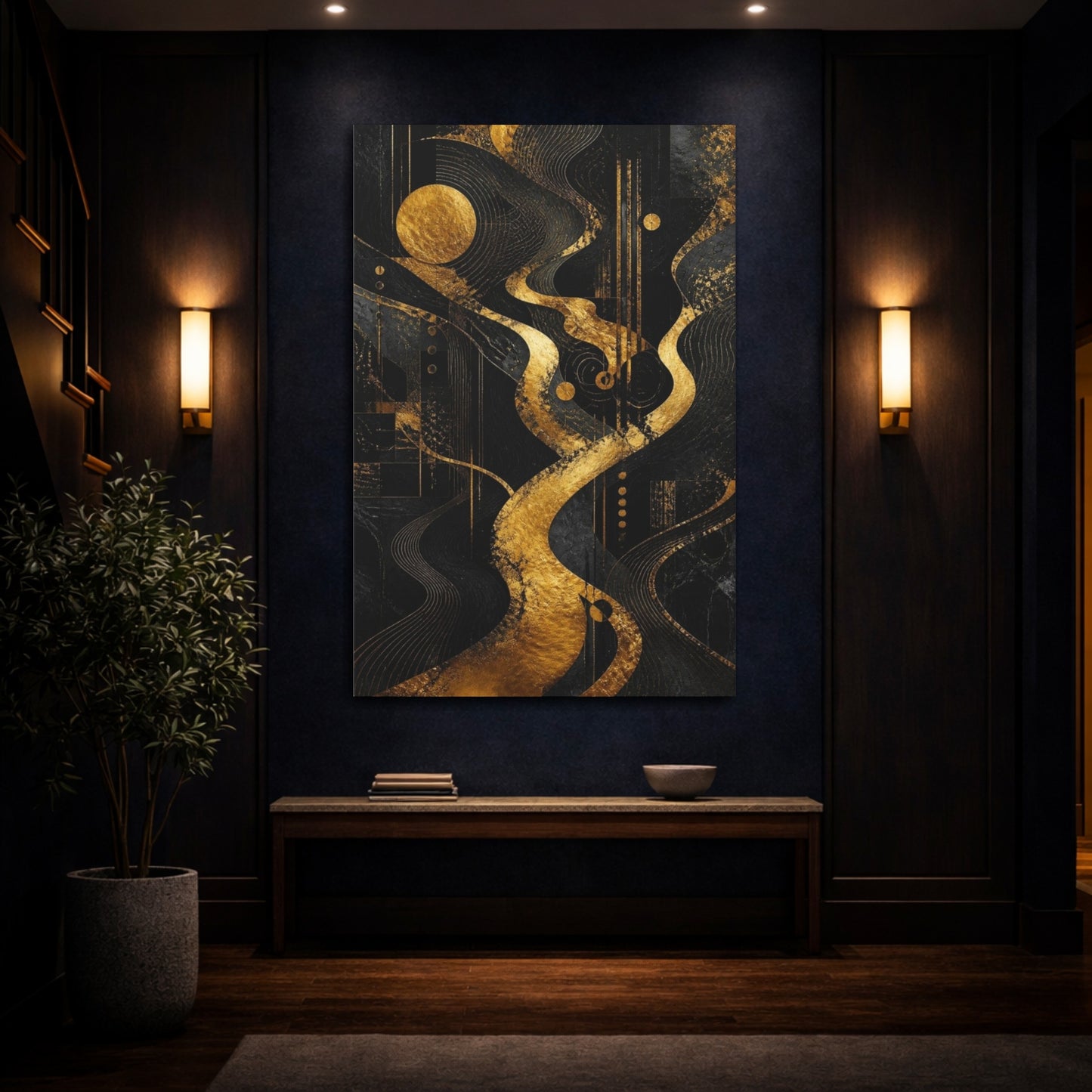 Mockup 4. Abstract Gold Pathway shown as canvas print