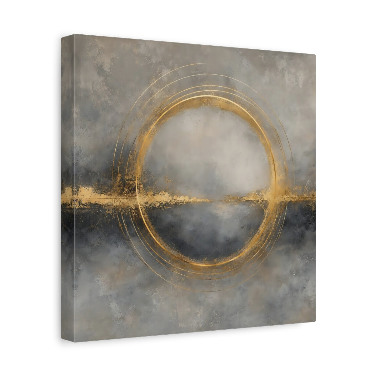 Side Mockup 8. Abstract Gold Ring Grey And Gold shown as stretched canvas wall art
