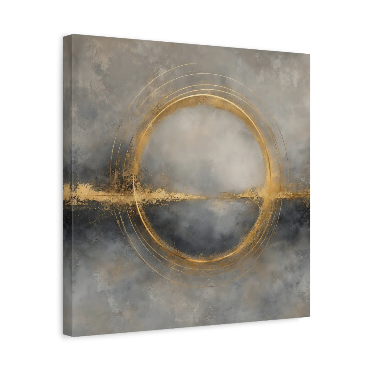 Side Mockup 6. Abstract Gold Ring Grey And Gold shown as stretched canvas wall art