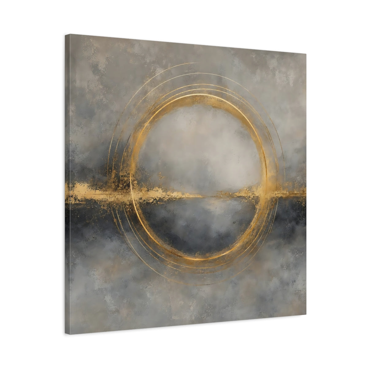 Side Mockup 3. Abstract Gold Ring Grey And Gold shown as stretched canvas wall art