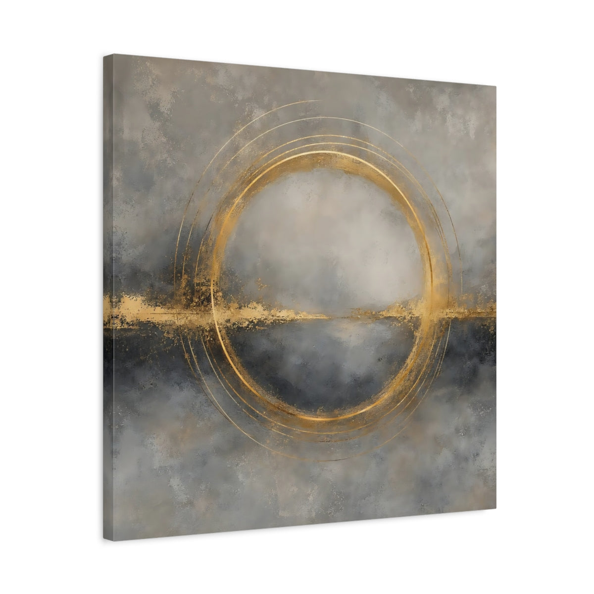 Side Mockup 4. Abstract Gold Ring Grey And Gold shown as stretched canvas wall art