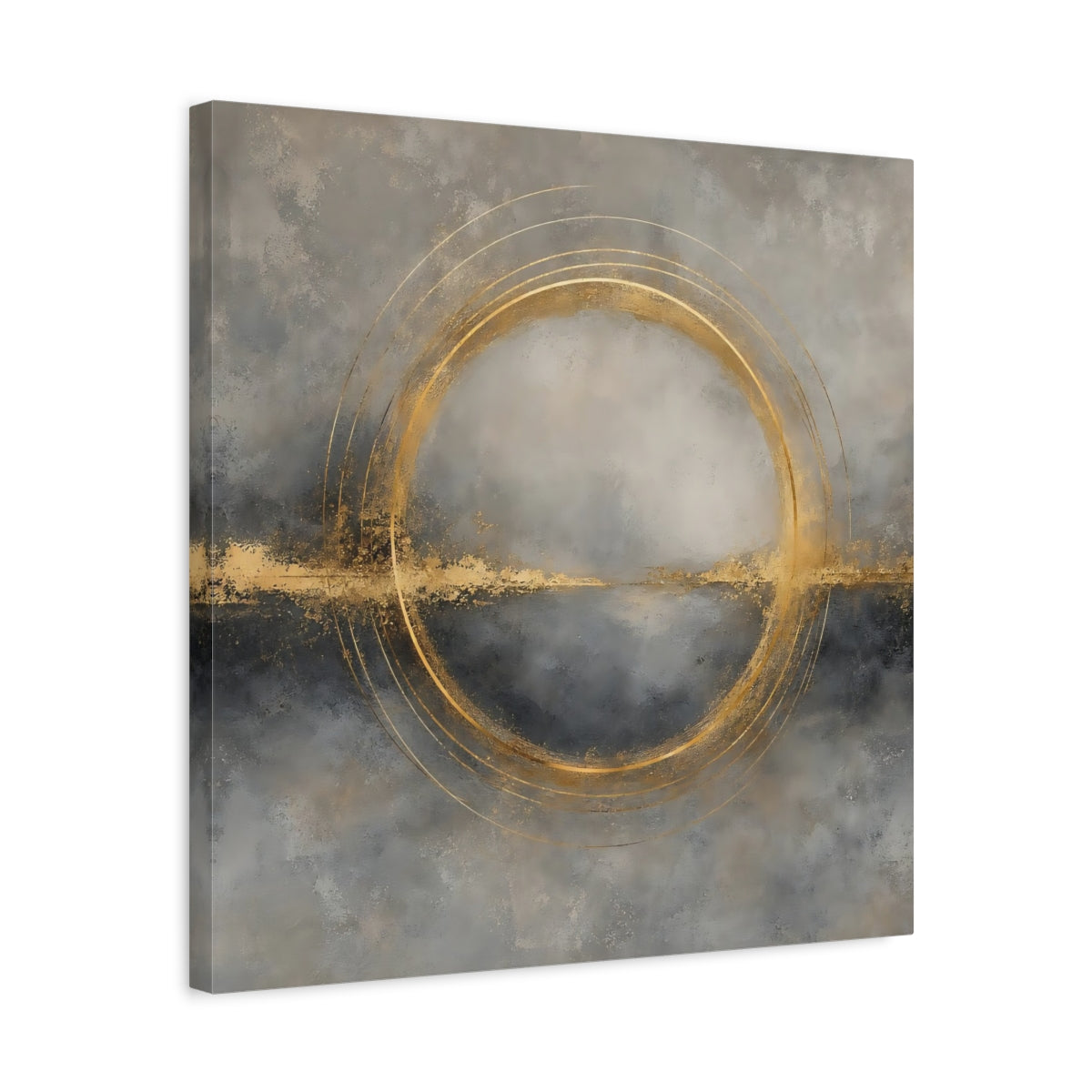 Side Mockup 5. Abstract Gold Ring Grey And Gold shown as stretched canvas wall art