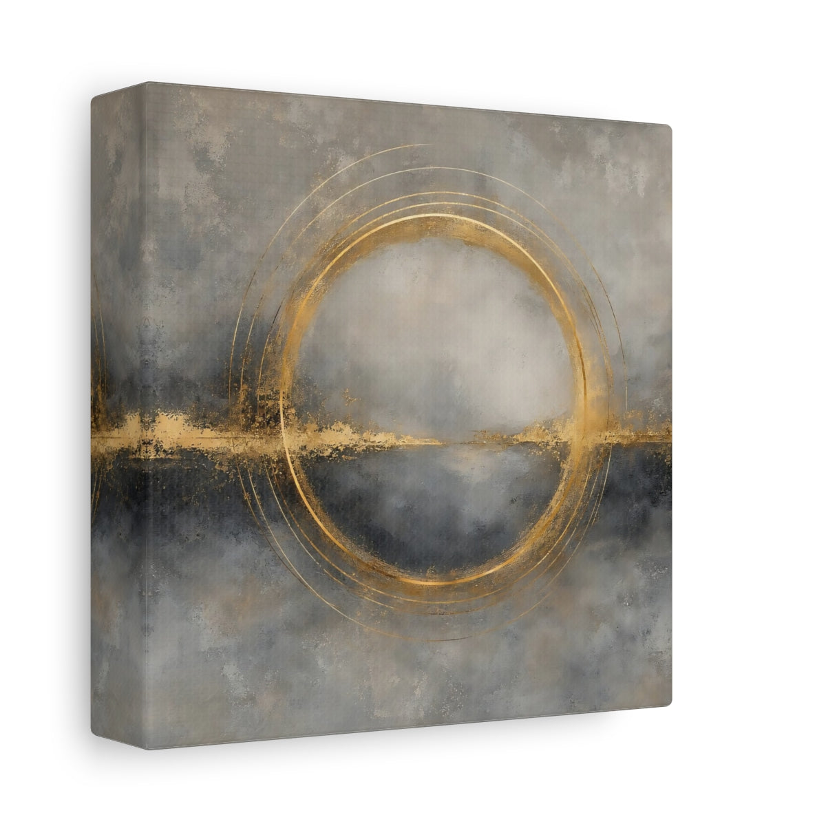 Side Mockup 2. Abstract Gold Ring Grey And Gold shown as stretched canvas wall art