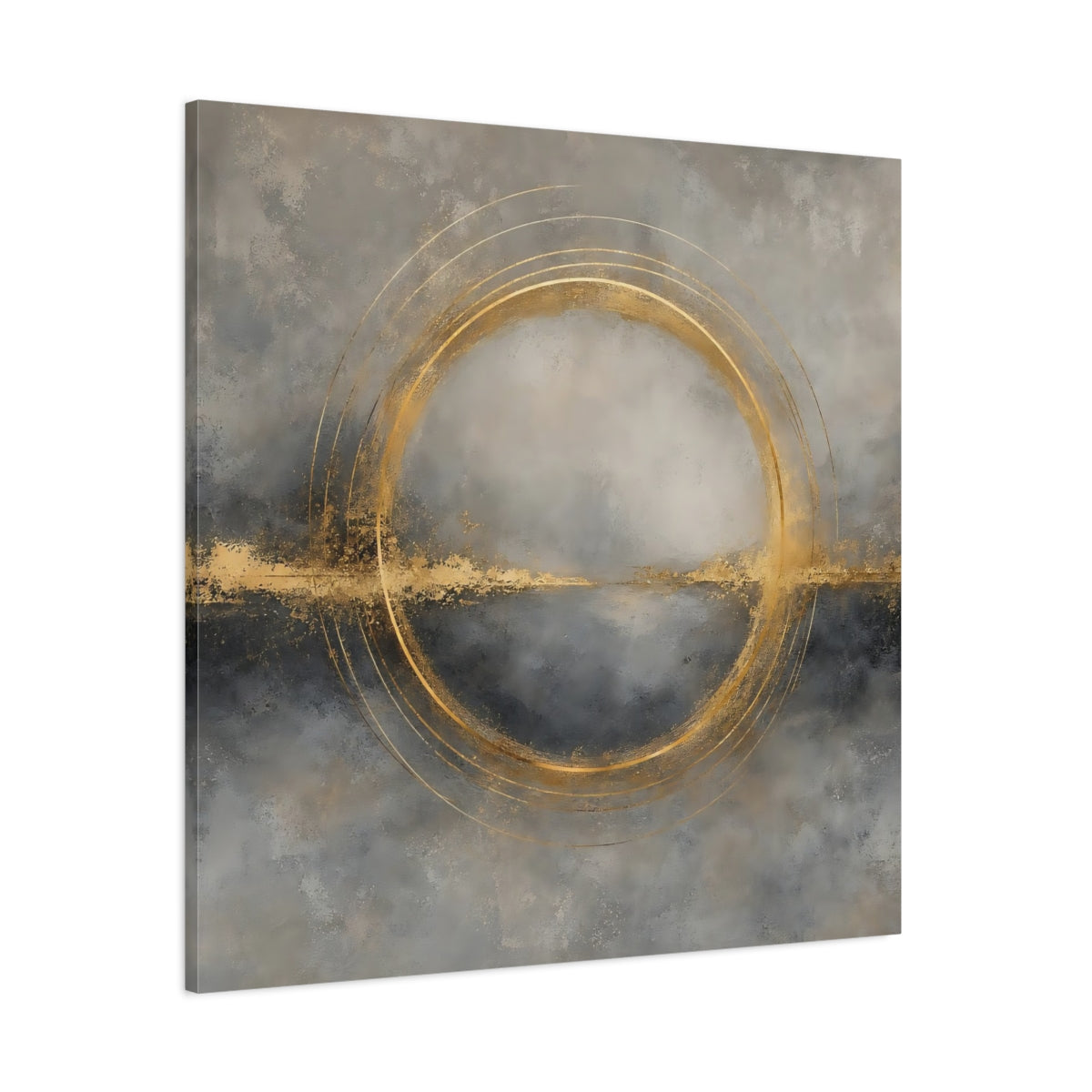 Side Mockup 1. Abstract Gold Ring Grey And Gold shown as stretched canvas wall art