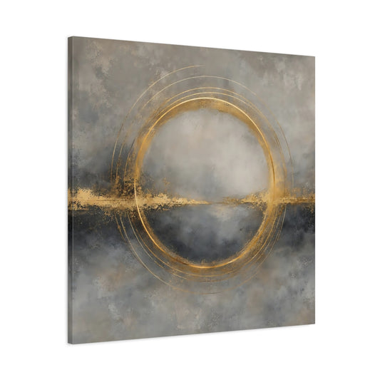 Main Mockup. Abstract Gold Ring Grey And Gold shown as stretched canvas wall art