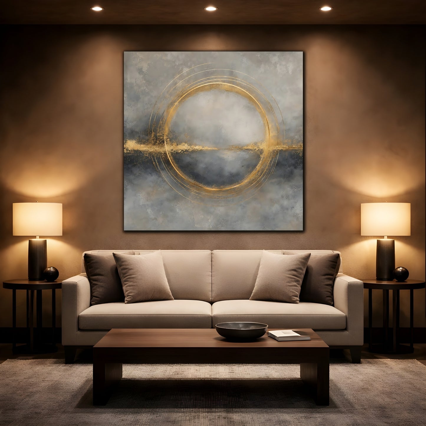Mockup 2. Abstract Gold Ring Grey And Gold shown as stretched canvas wall art