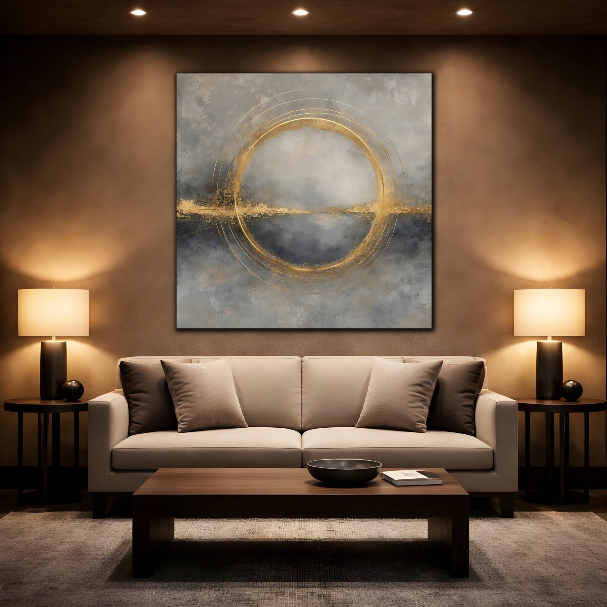 Mockup 2. Abstract Gold Ring Grey And Gold shown as stretched canvas wall art