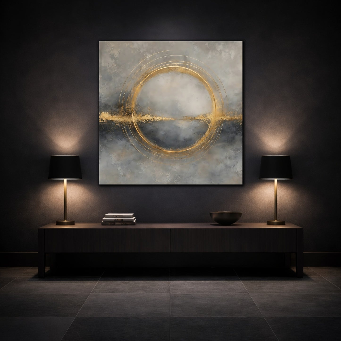 Mockup 3. Abstract Gold Ring Grey And Gold shown as stretched canvas wall art