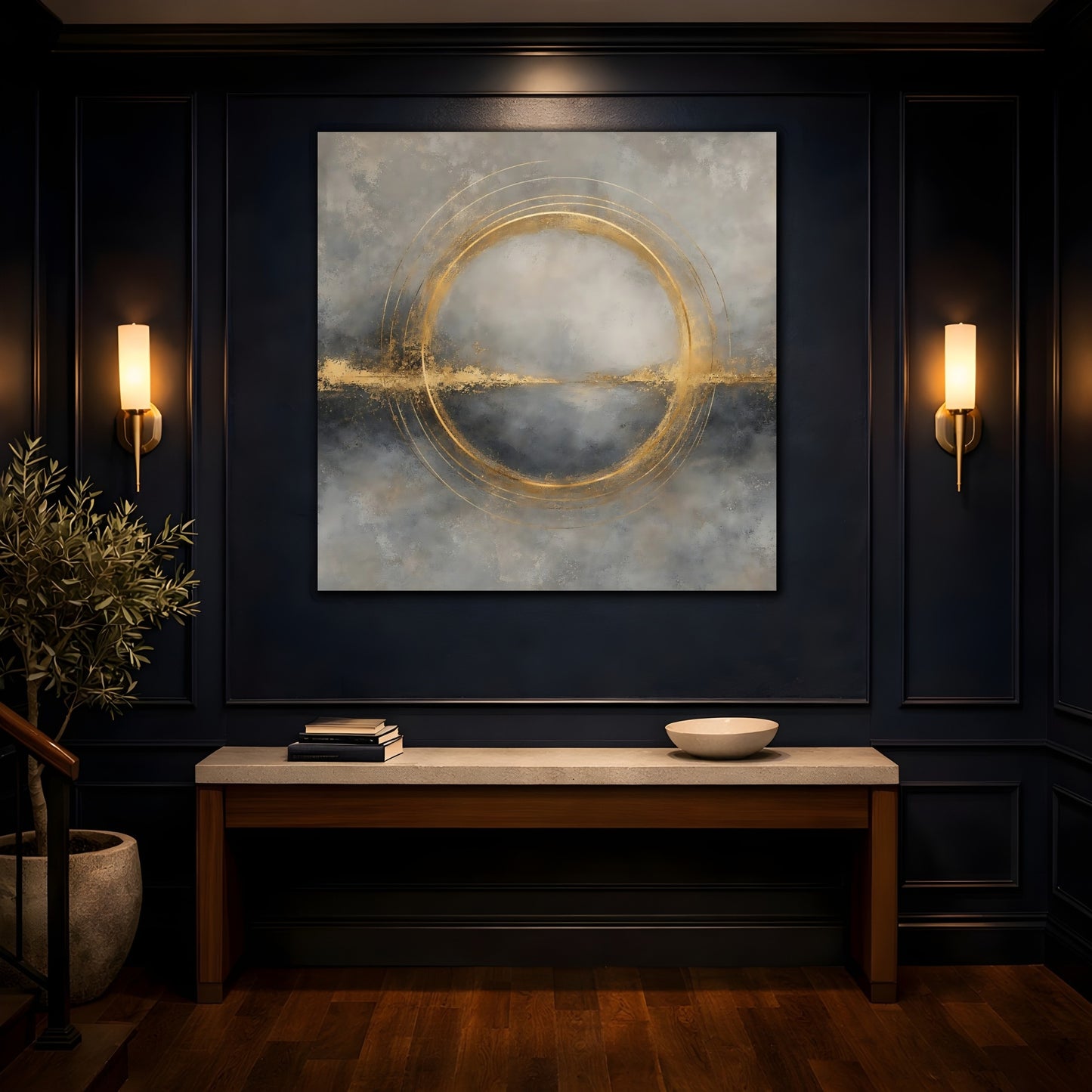Mockup 4. Abstract Gold Ring Grey And Gold shown as stretched canvas wall art
