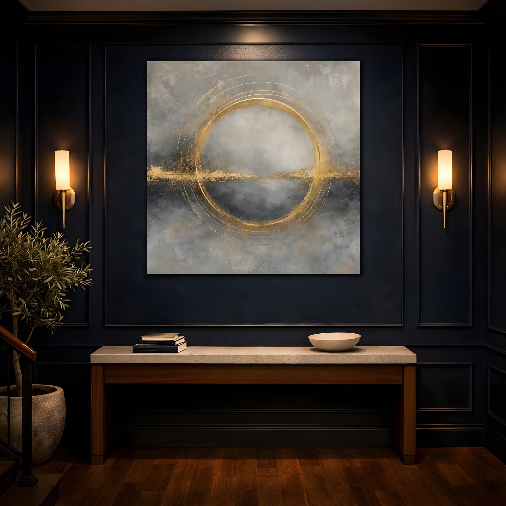 Mockup 4. Abstract Gold Ring Grey And Gold shown as stretched canvas wall art