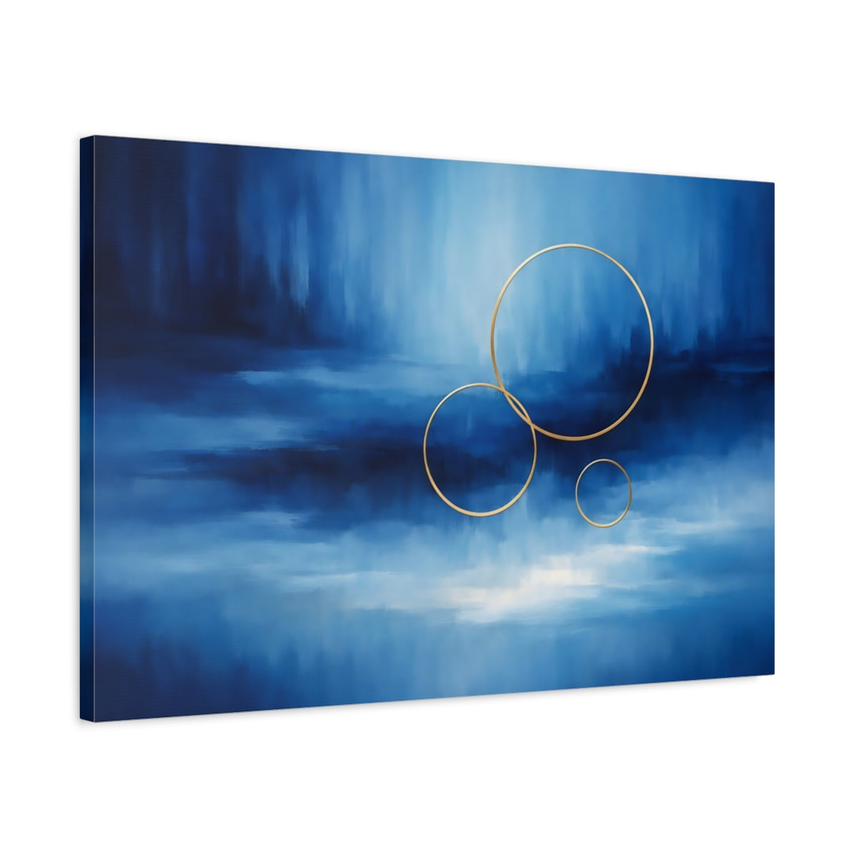 Side Mockup 2. Abstract Gold Rings Blue Gold Abstract shown as stretched canvas wall art