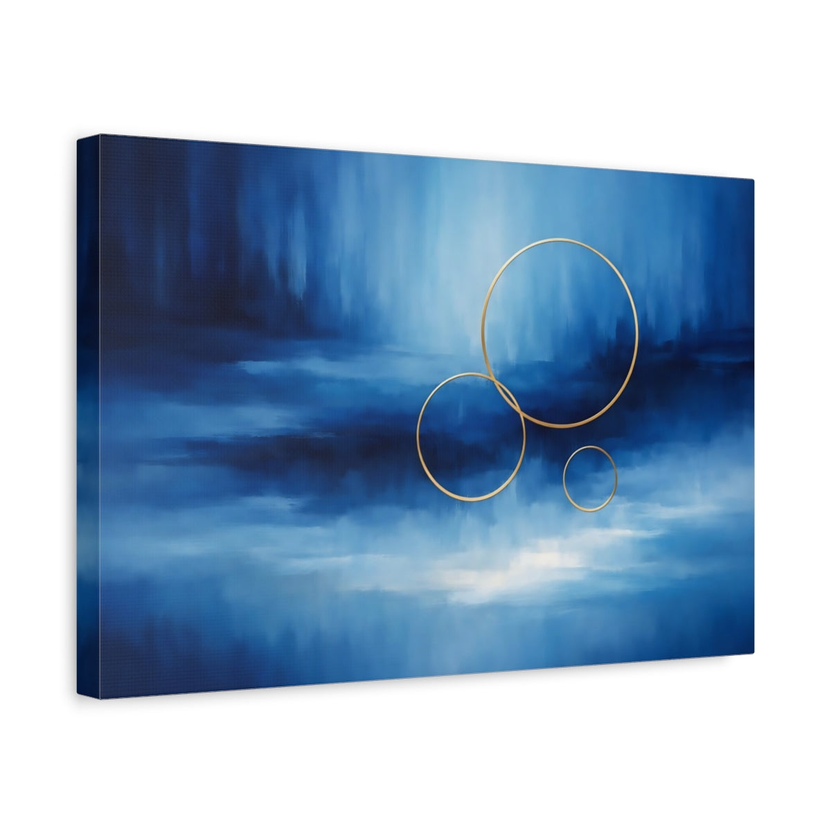 Side Mockup 4. Abstract Gold Rings Blue Gold Abstract shown as stretched canvas wall art