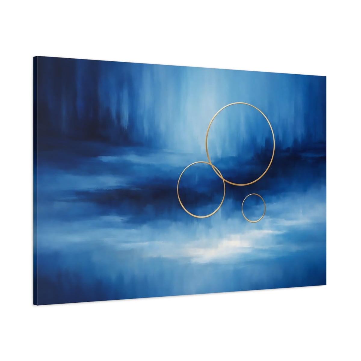 Main Mockup. Abstract Gold Rings Blue Gold Abstract shown as stretched canvas wall art