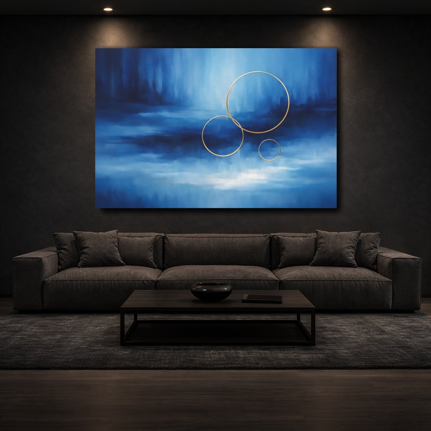 Mockup 2. Abstract Gold Rings Blue Gold Abstract shown as stretched canvas wall art