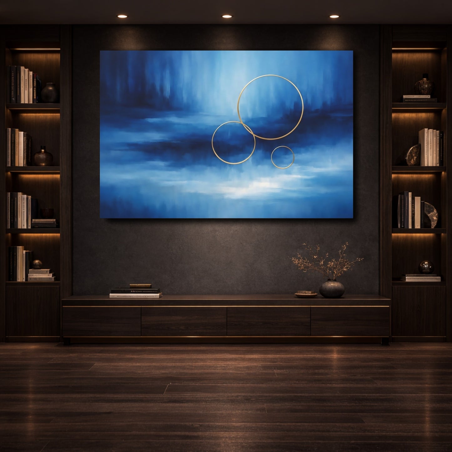 Mockup 3. Abstract Gold Rings Blue Gold Abstract shown as stretched canvas wall art