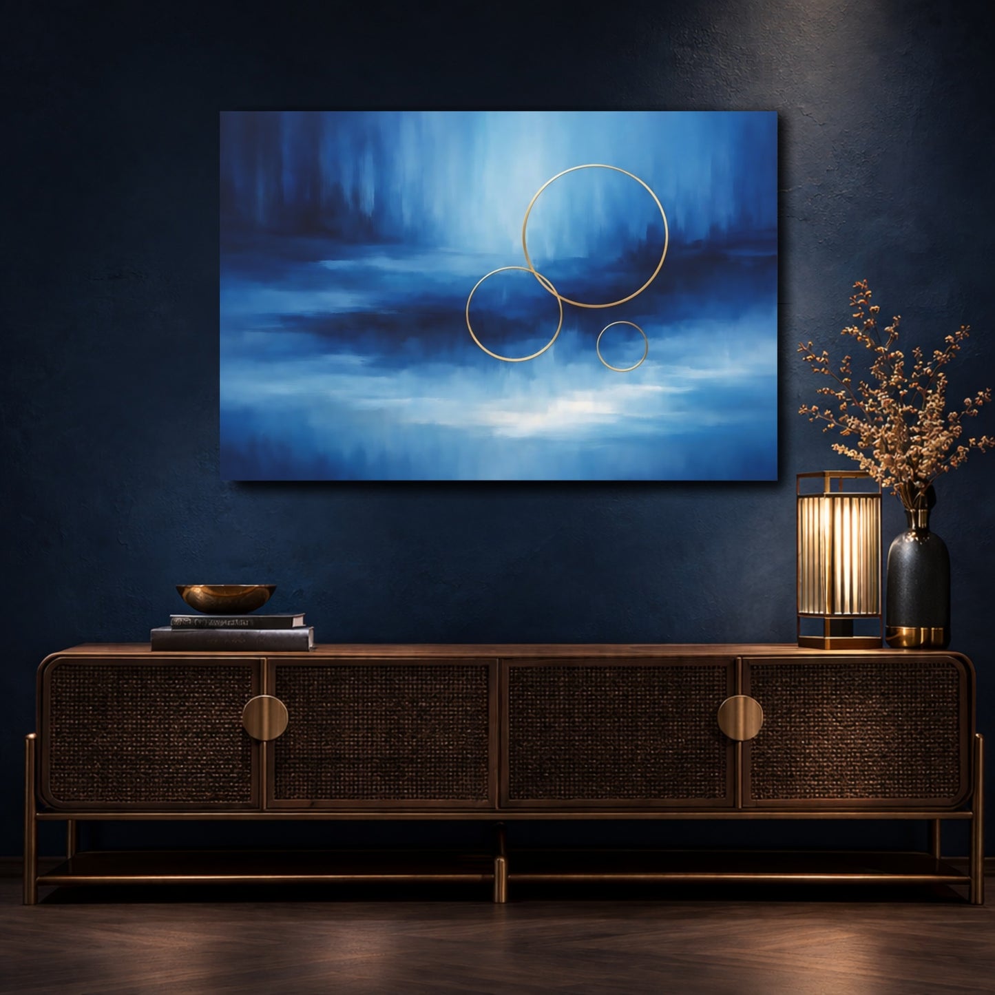 Mockup 4. Abstract Gold Rings Blue Gold Abstract shown as stretched canvas wall art