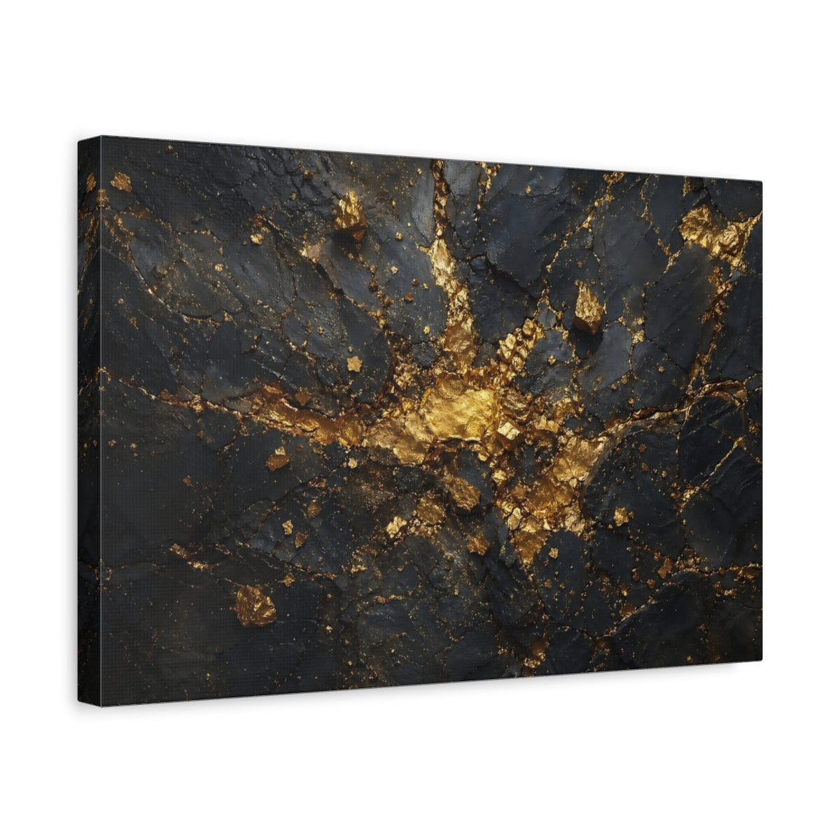 Side Mockup 4. Abstract Gold Rock Black And Gold shown as stretched canvas wall art