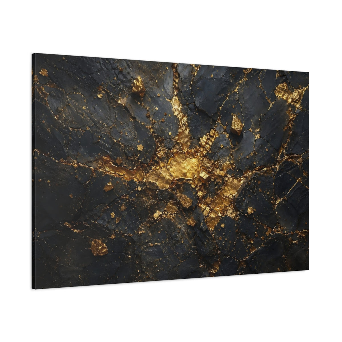 Side Mockup 1. Abstract Gold Rock Black And Gold shown as stretched canvas wall art