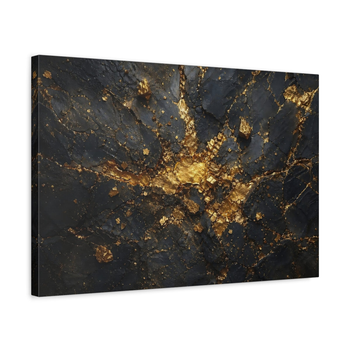 Side Mockup 3. Abstract Gold Rock Black And Gold shown as stretched canvas wall art