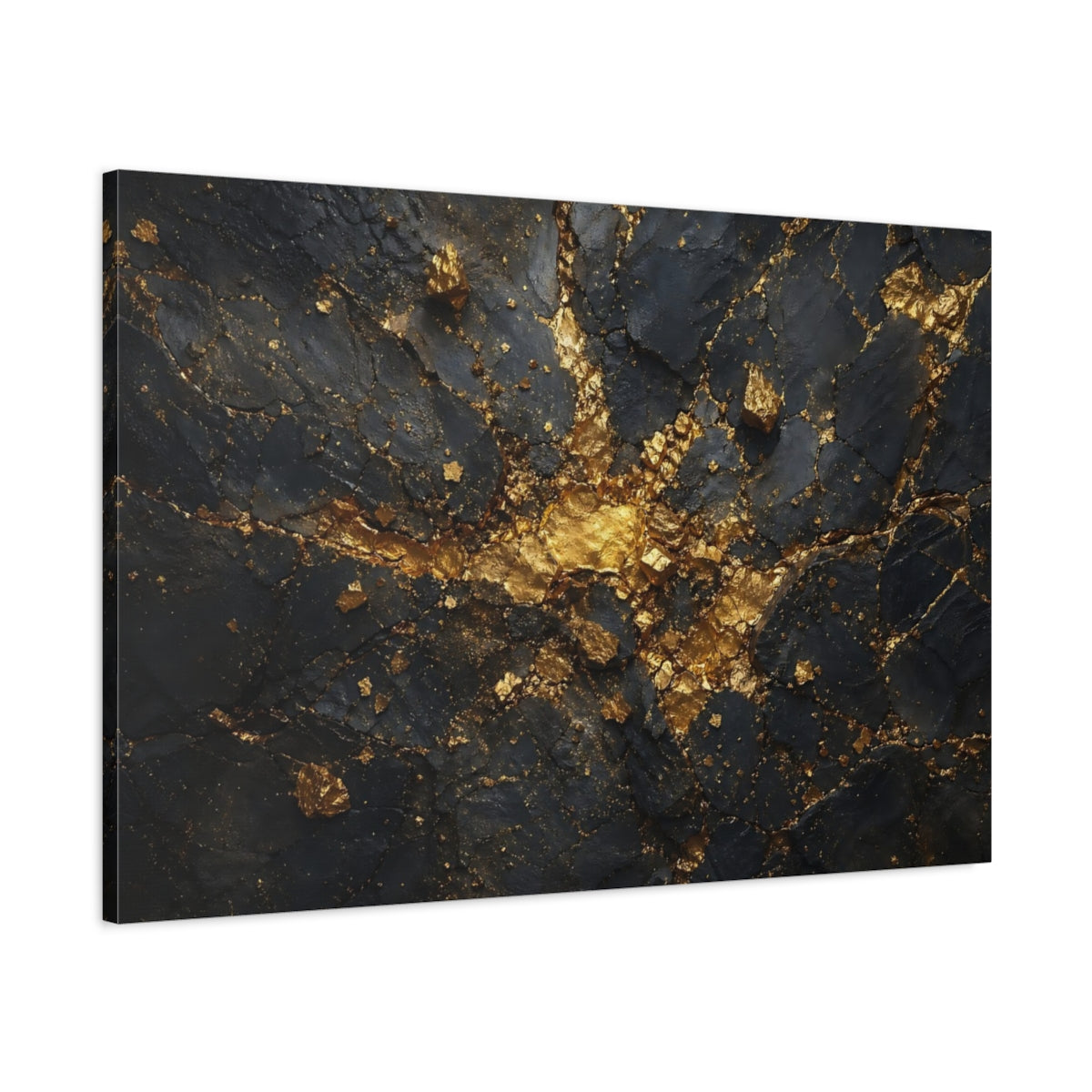 Main Mockup. Abstract Gold Rock Black And Gold shown as stretched canvas wall art