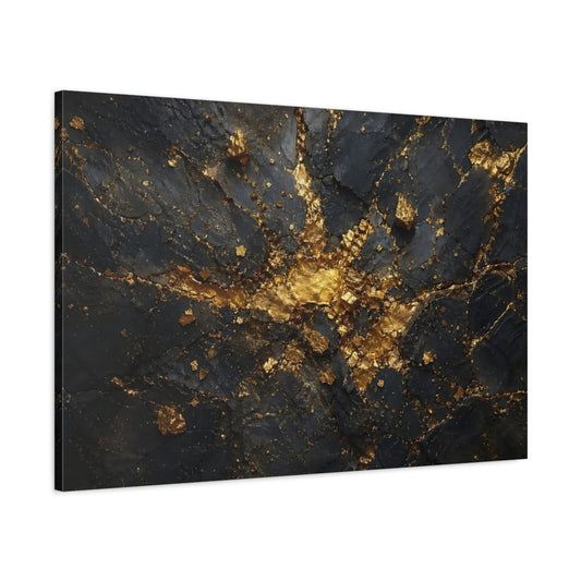 Main Mockup. Abstract Gold Rock Black And Gold shown as stretched canvas wall art