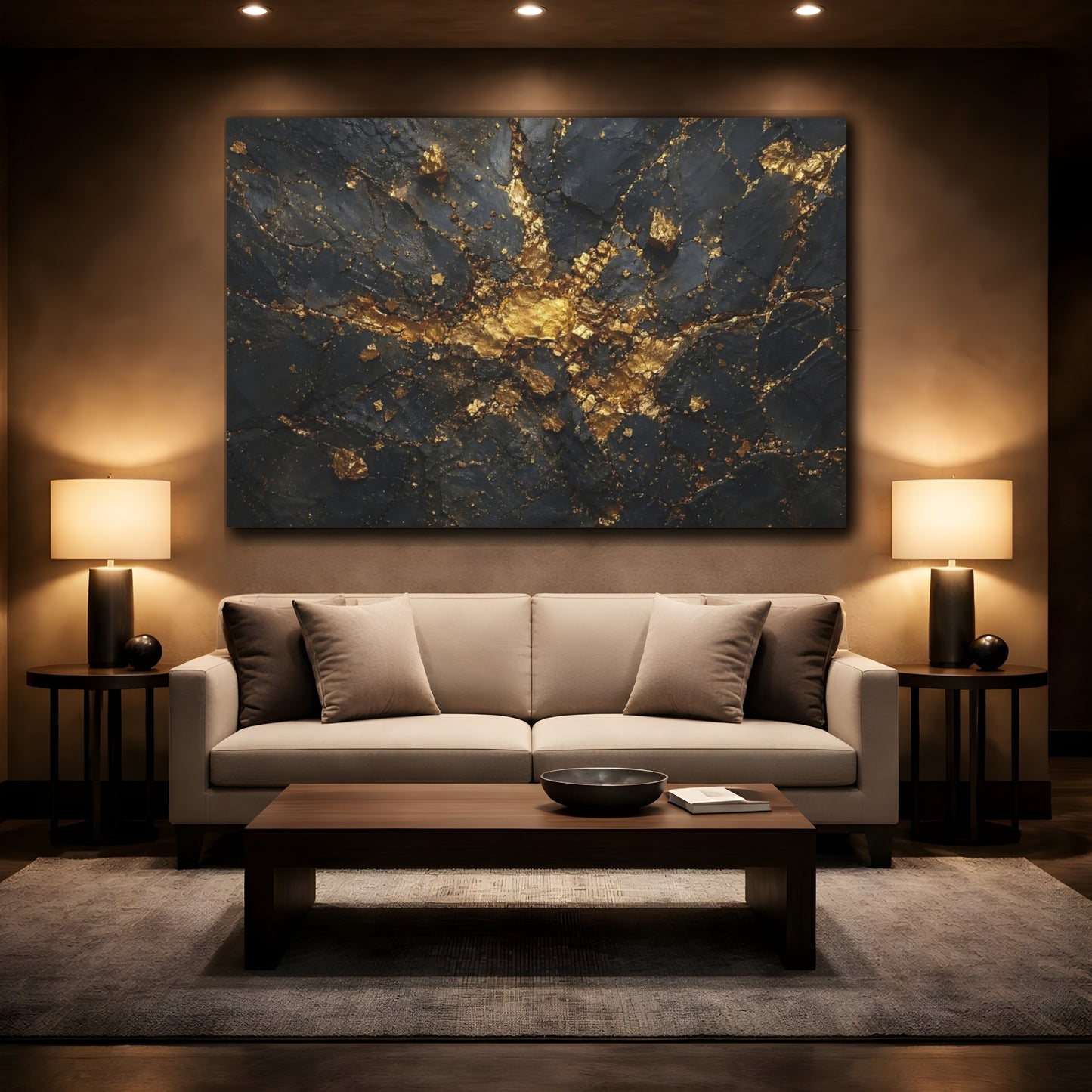 Mockup 2. Abstract Gold Rock Black And Gold shown as stretched canvas wall art
