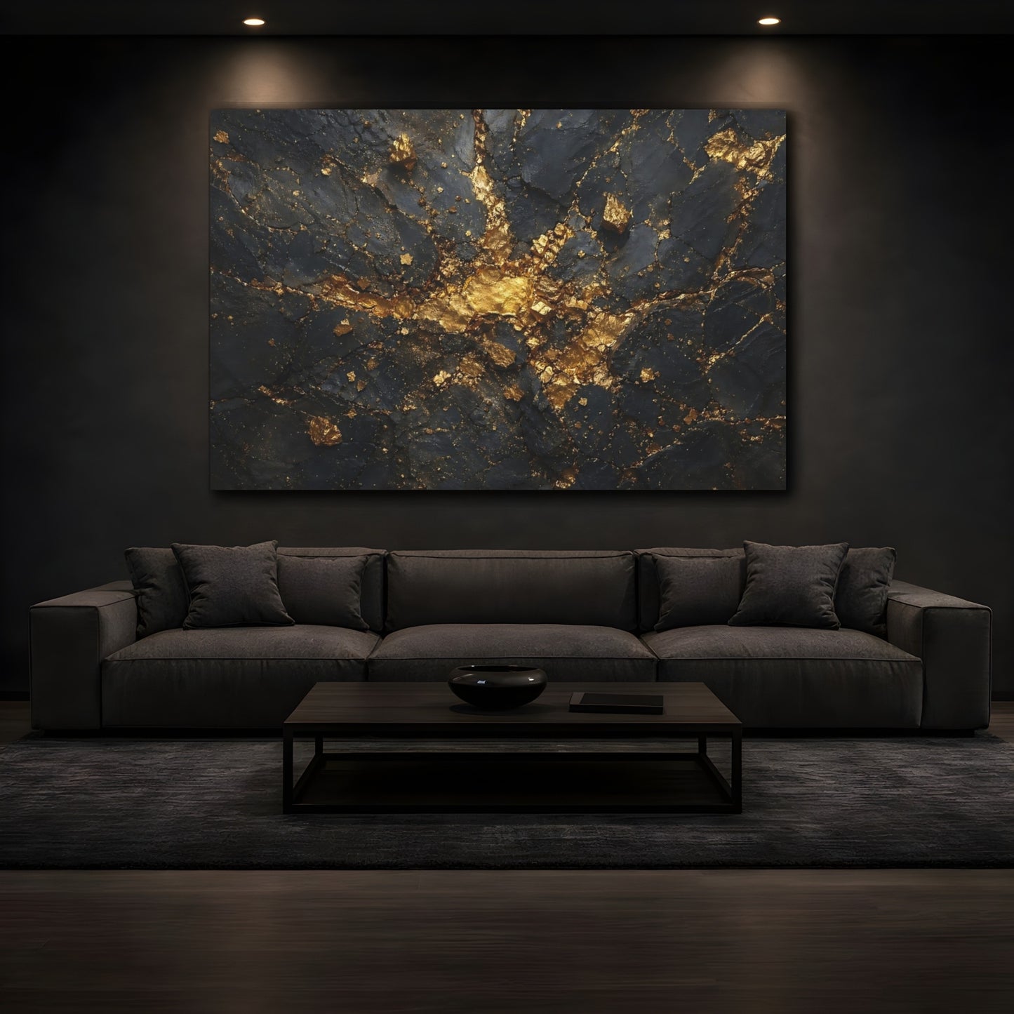 Mockup 3. Abstract Gold Rock Black And Gold shown as stretched canvas wall art