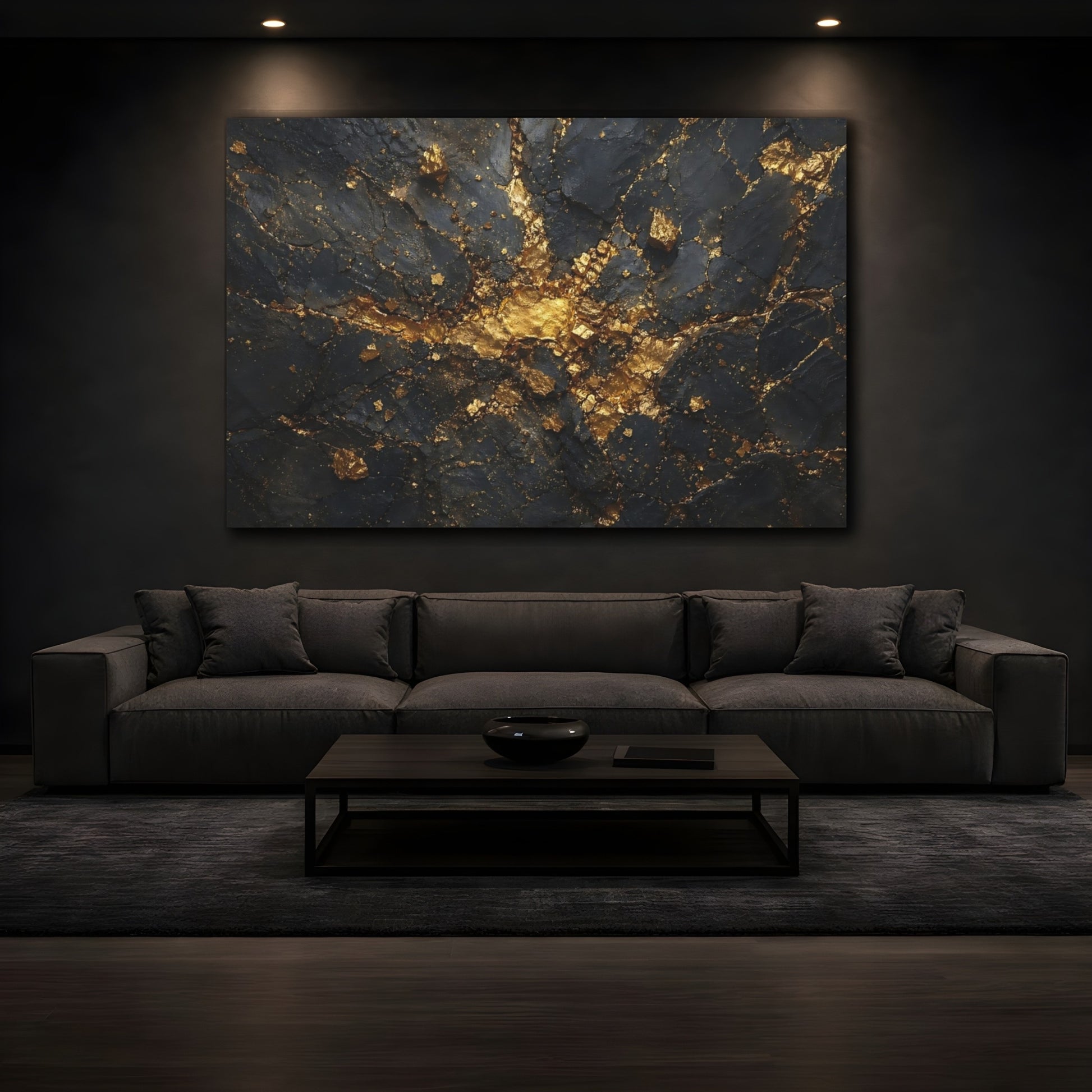 Mockup 3. Abstract Gold Rock Black And Gold shown as stretched canvas wall art