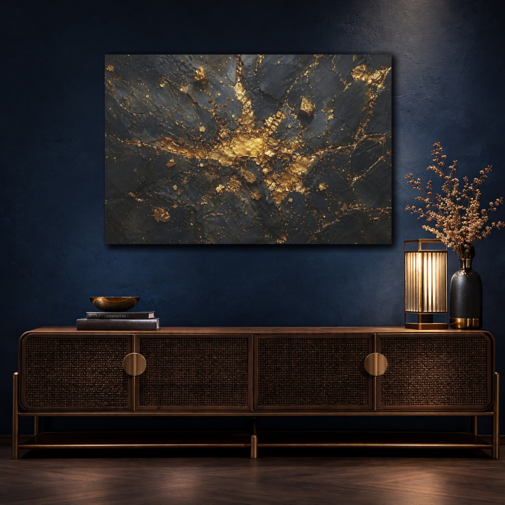 Mockup 4. Abstract Gold Rock Black And Gold shown as stretched canvas wall art