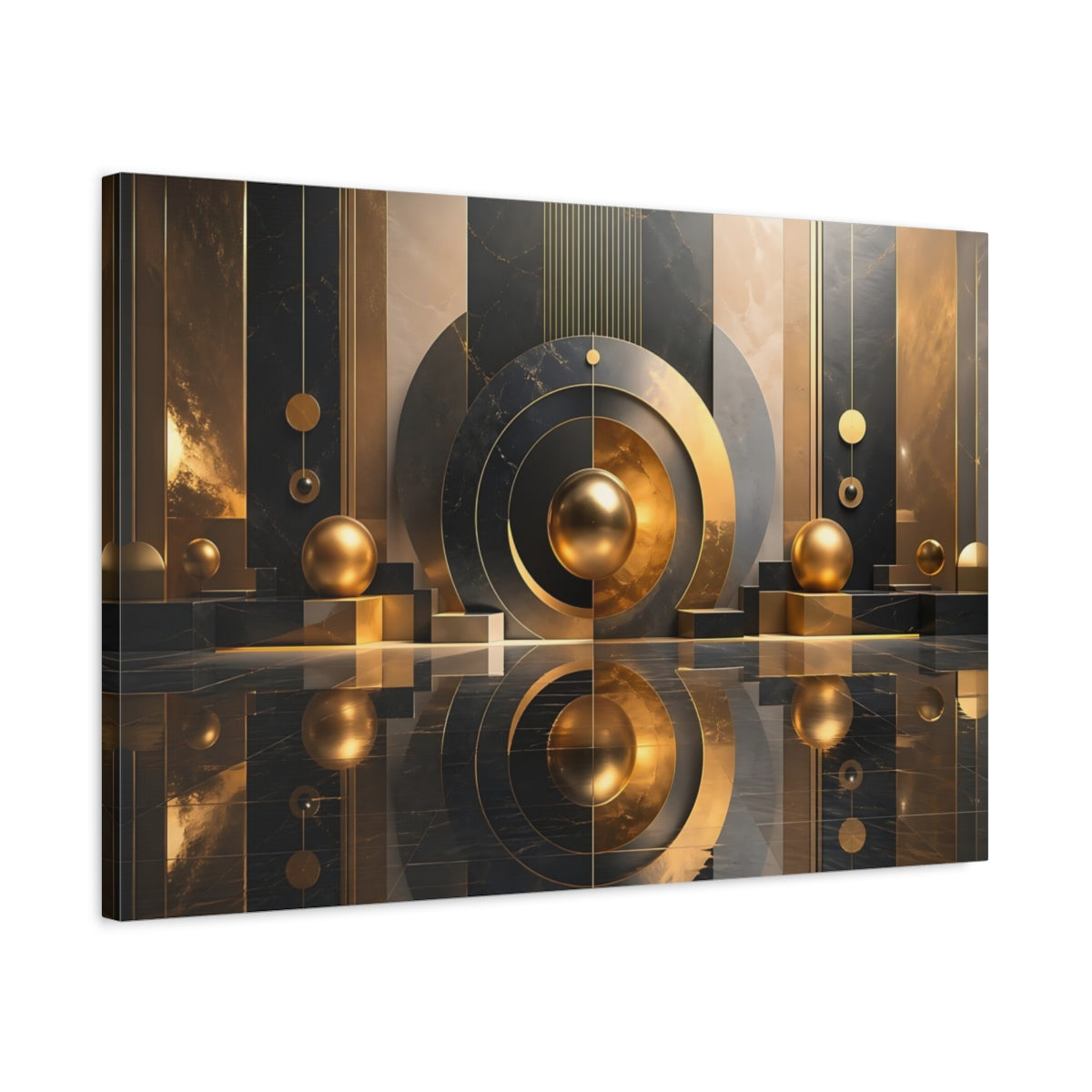 Side Mockup 2. Abstract Gold Sphere Black Gold Abstract shown as stretched canvas wall art
