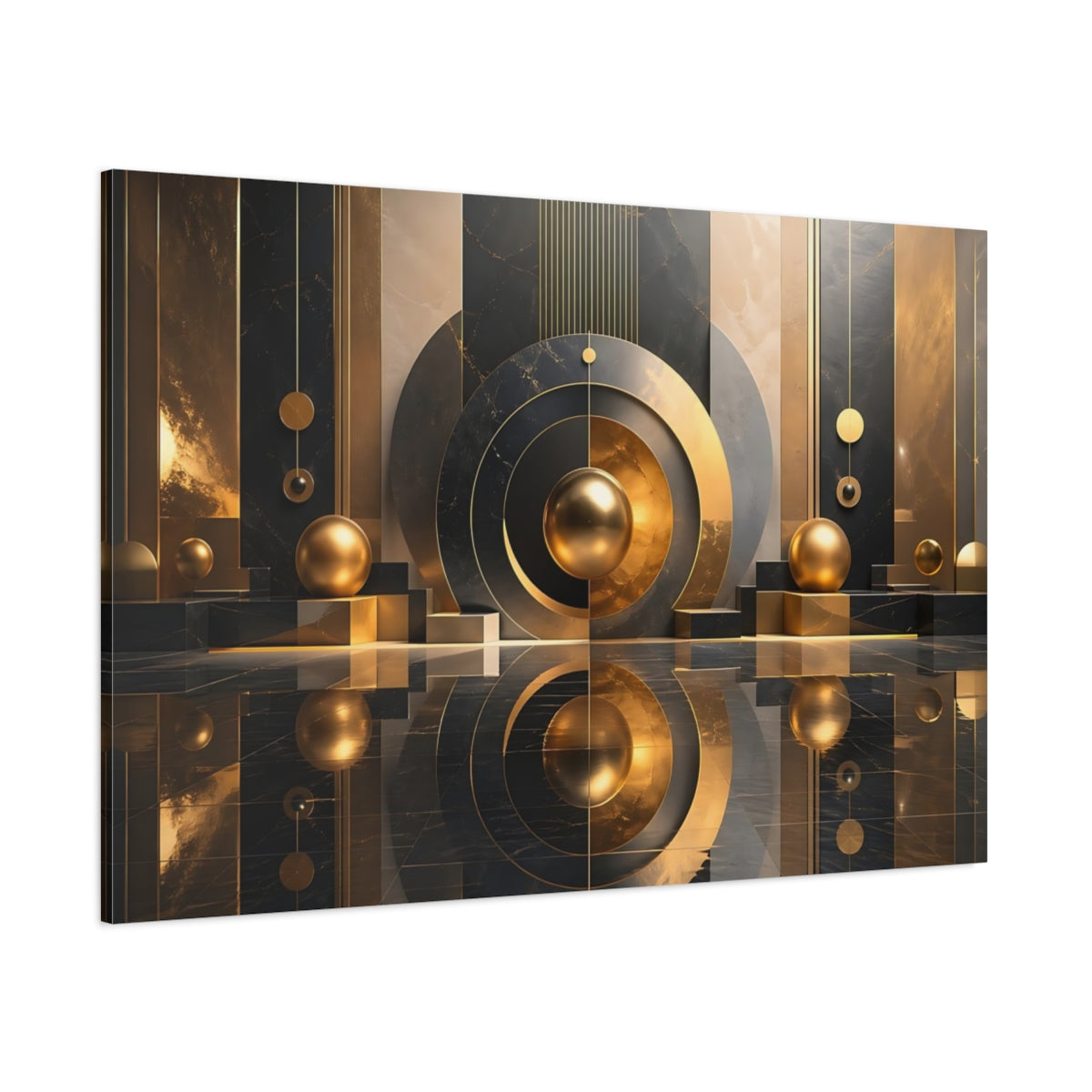 Side Mockup 1. Abstract Gold Sphere Black Gold Abstract shown as stretched canvas wall art