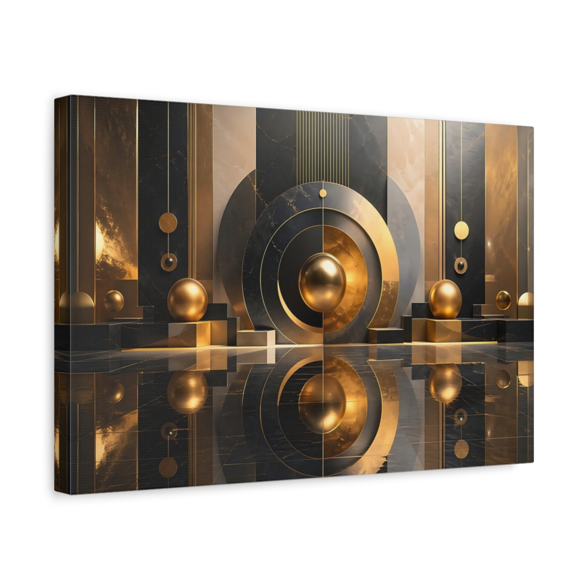 Side Mockup 4. Abstract Gold Sphere Black Gold Abstract shown as stretched canvas wall art