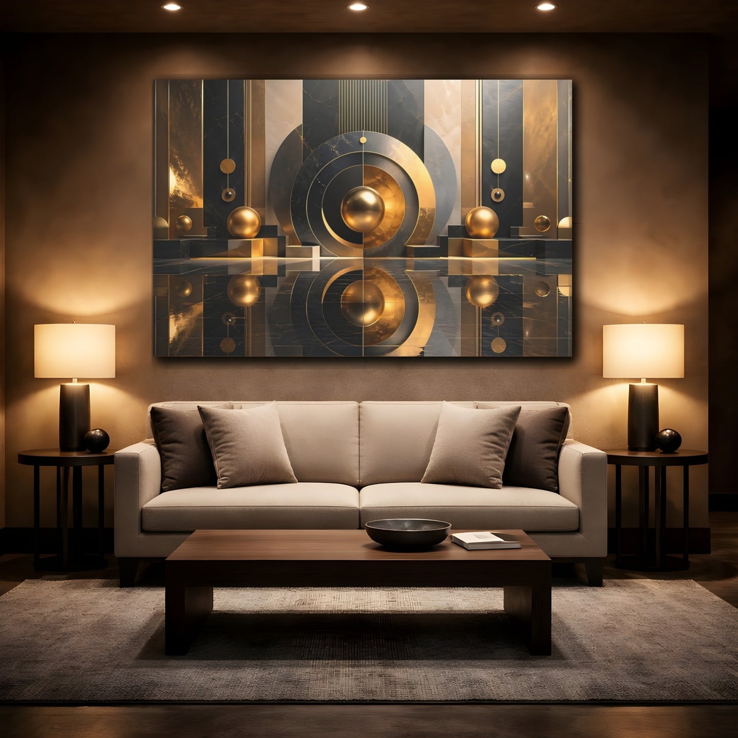 Mockup 2. Abstract Gold Sphere Black Gold Abstract shown as stretched canvas wall art