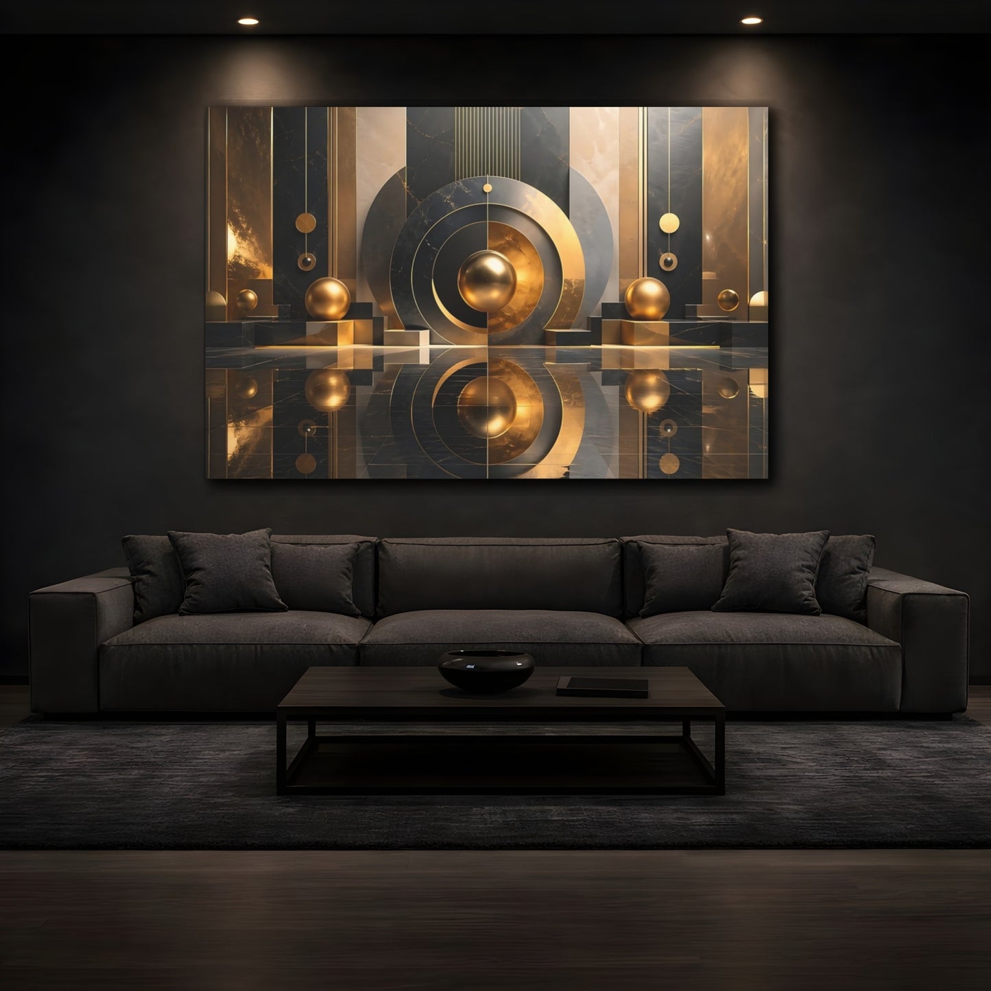 Mockup 3. Abstract Gold Sphere Black Gold Abstract shown as stretched canvas wall art