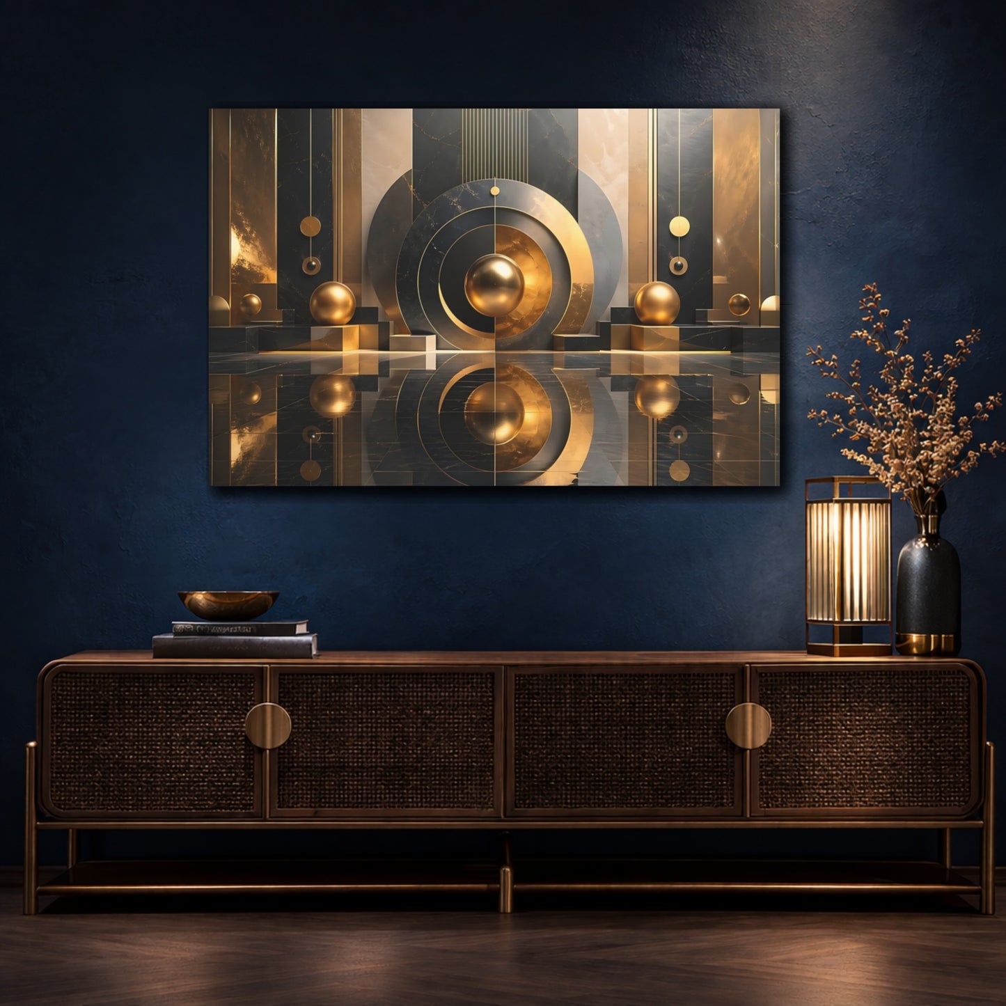 Mockup 4. Abstract Gold Sphere Black Gold Abstract shown as stretched canvas wall art