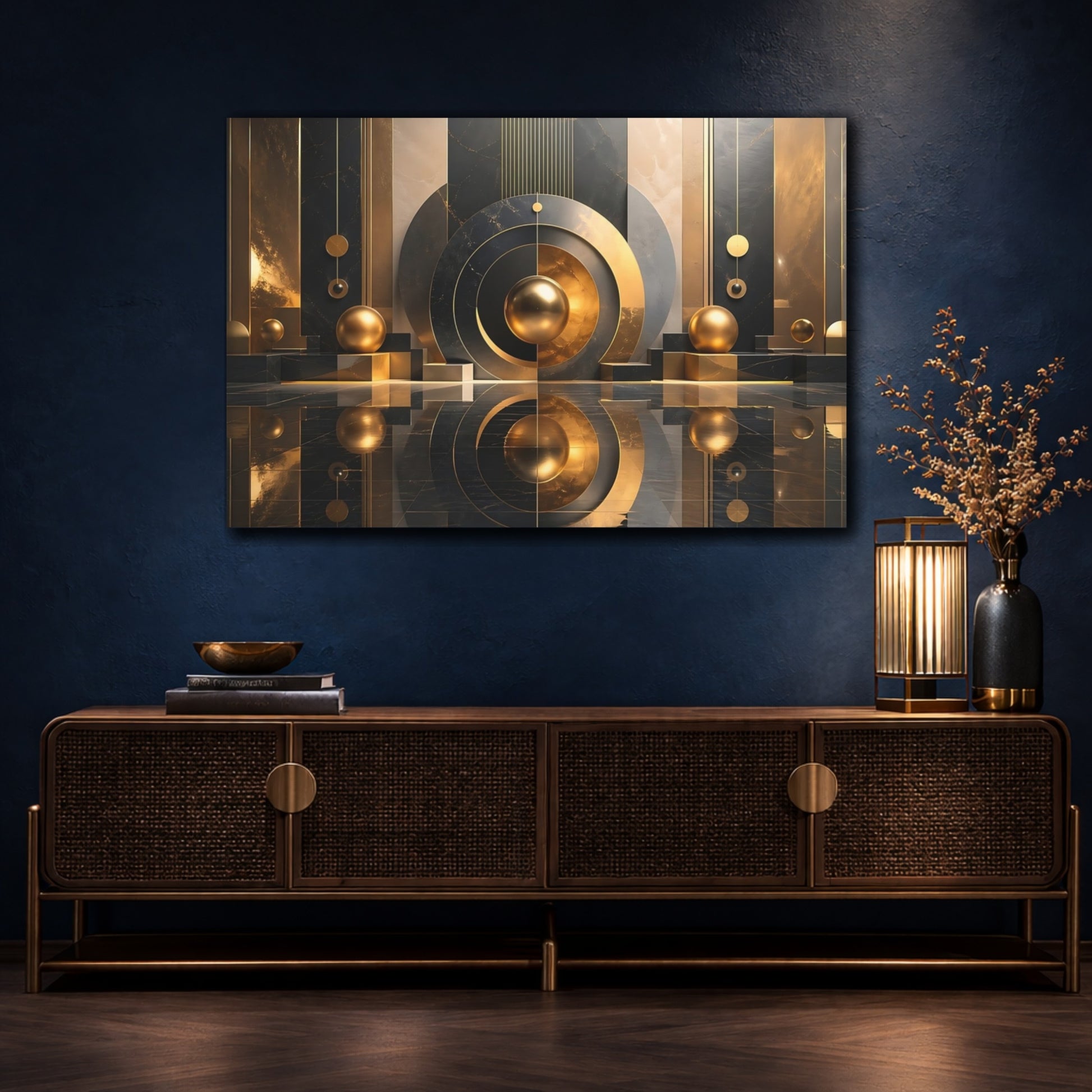 Mockup 4. Abstract Gold Sphere Black Gold Abstract shown as stretched canvas wall art