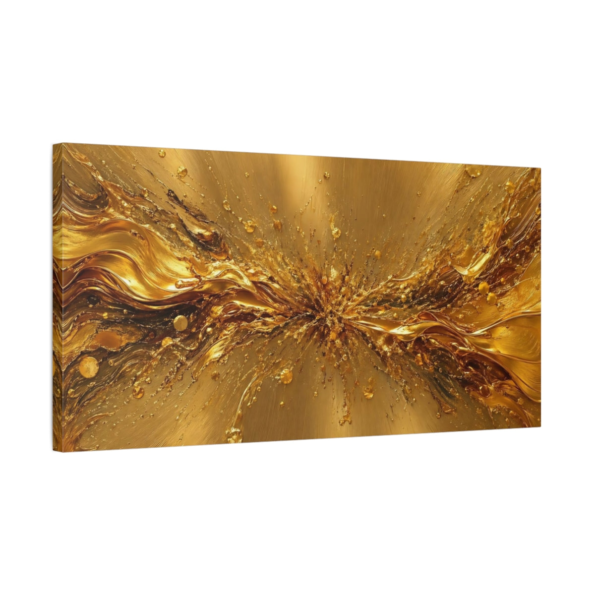 Side Mockup 1. Abstract Gold Splash Gold Abstract shown as stretched canvas wall art