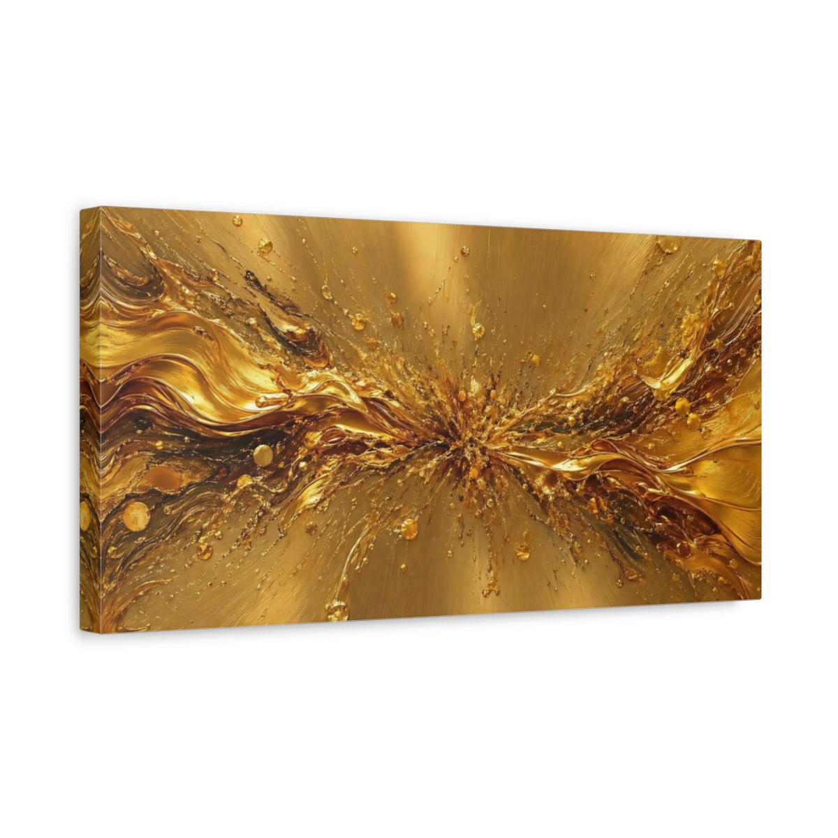 Side Mockup 3. Abstract Gold Splash Gold Abstract shown as stretched canvas wall art