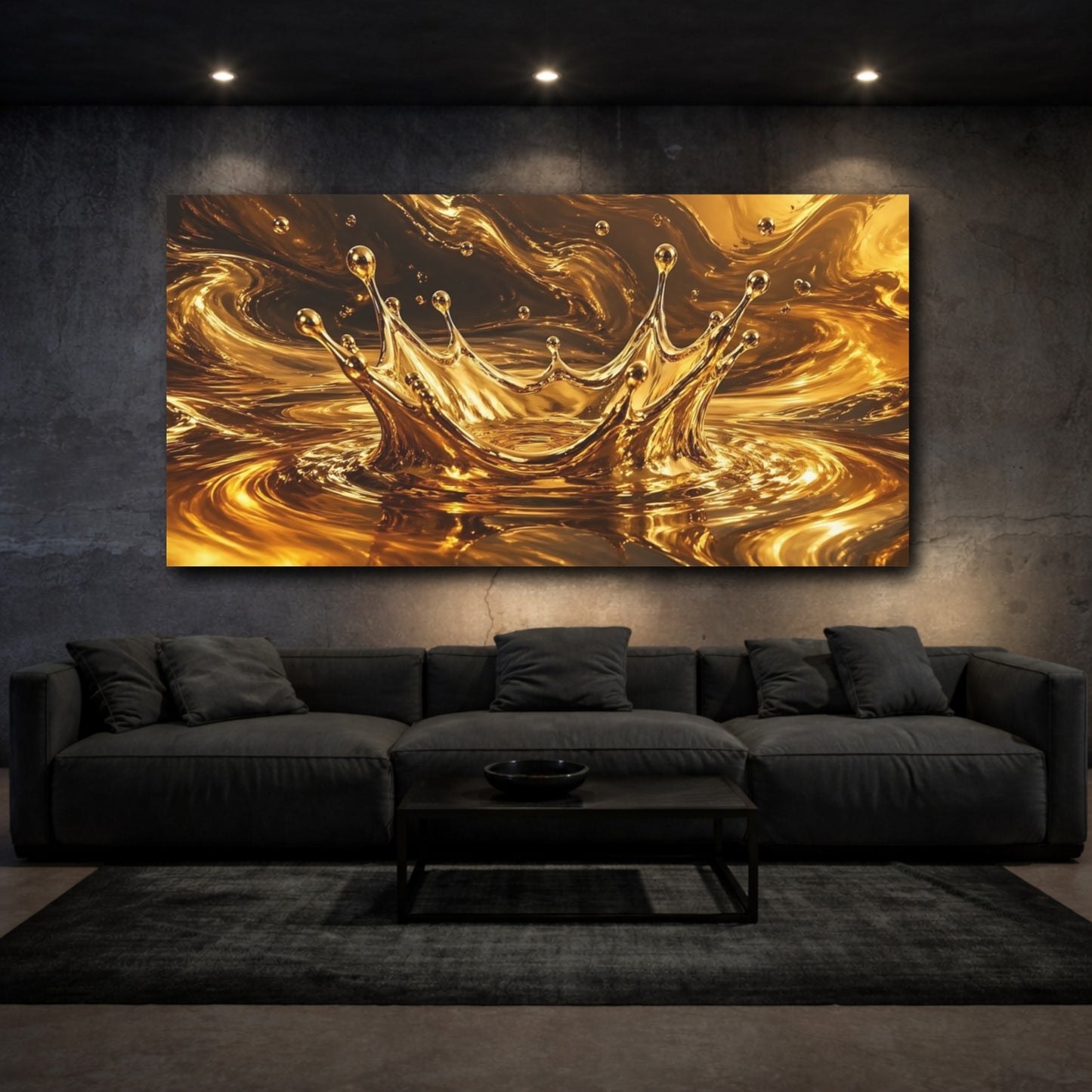 Mockup 2. Abstract Gold Splash Gold Abstract shown as stretched canvas wall art