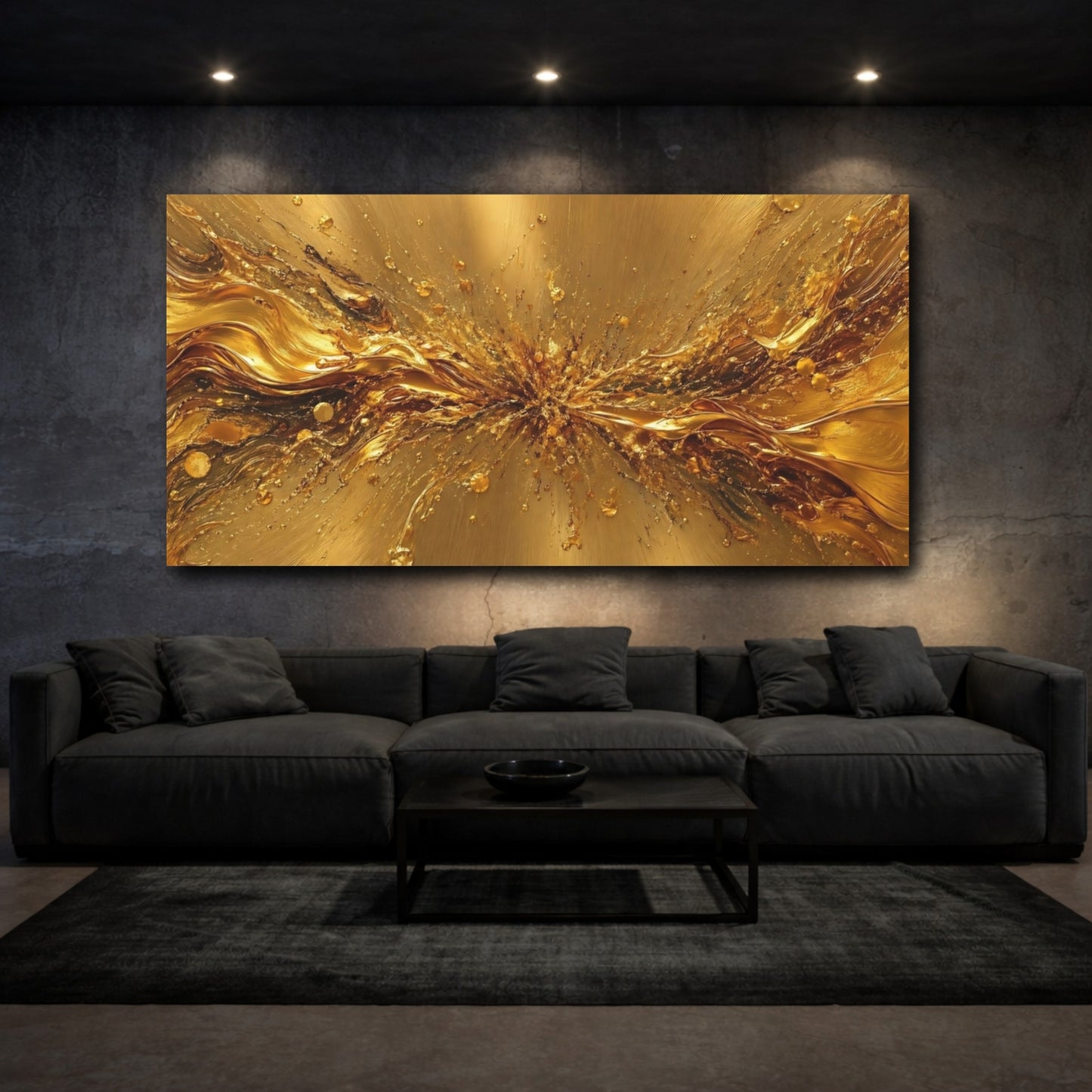 Mockup 2. Abstract Gold Splash Gold Abstract shown as stretched canvas wall art