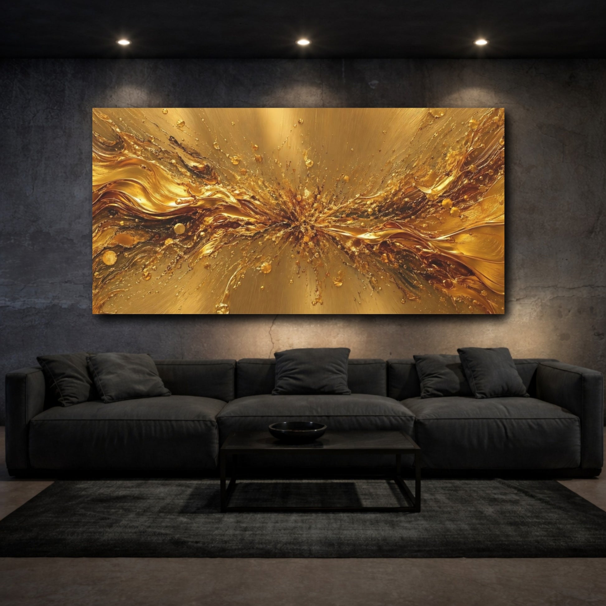 Mockup 2. Abstract Gold Splash Gold Abstract shown as stretched canvas wall art
