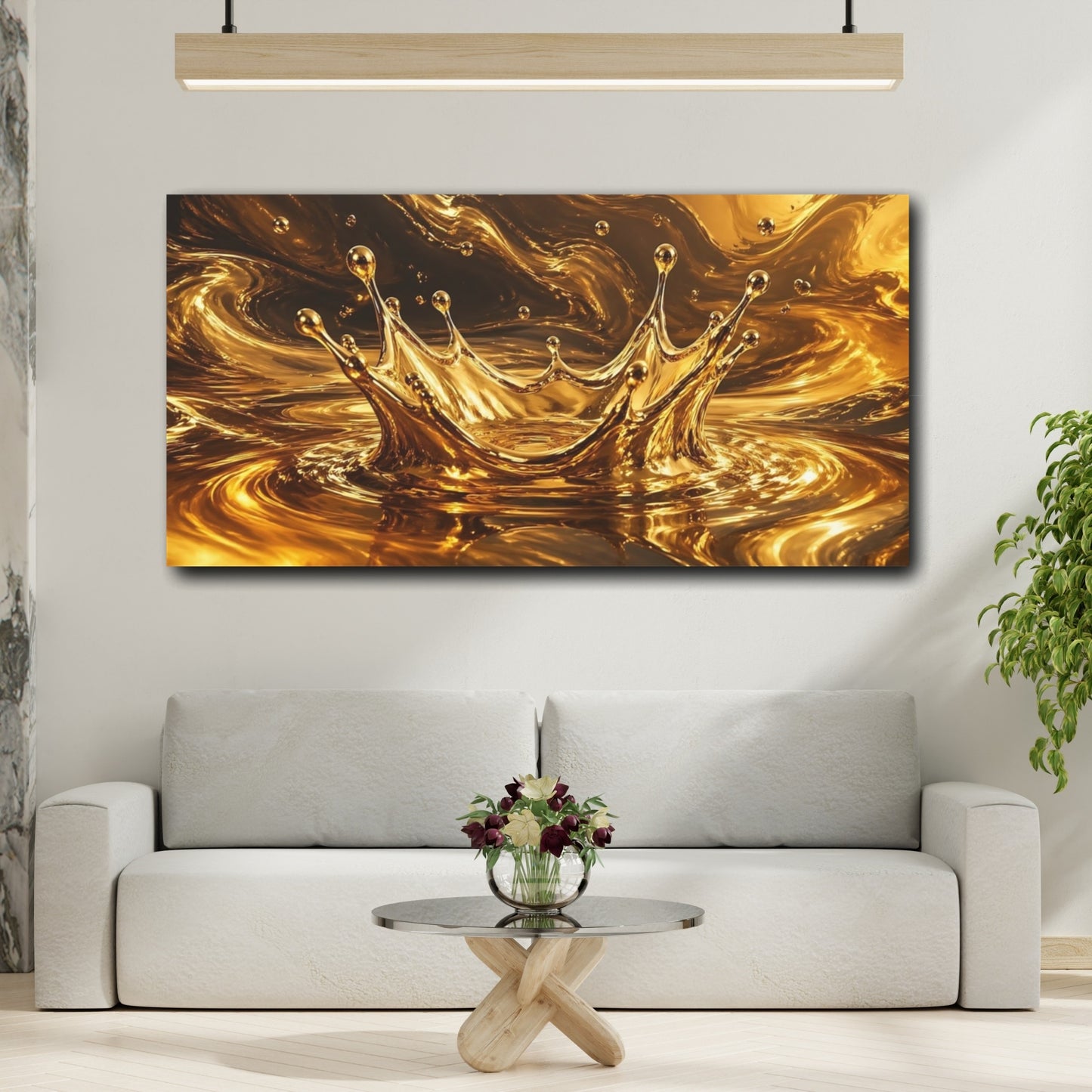Mockup 3. Abstract Gold Splash Gold Abstract shown as stretched canvas wall art