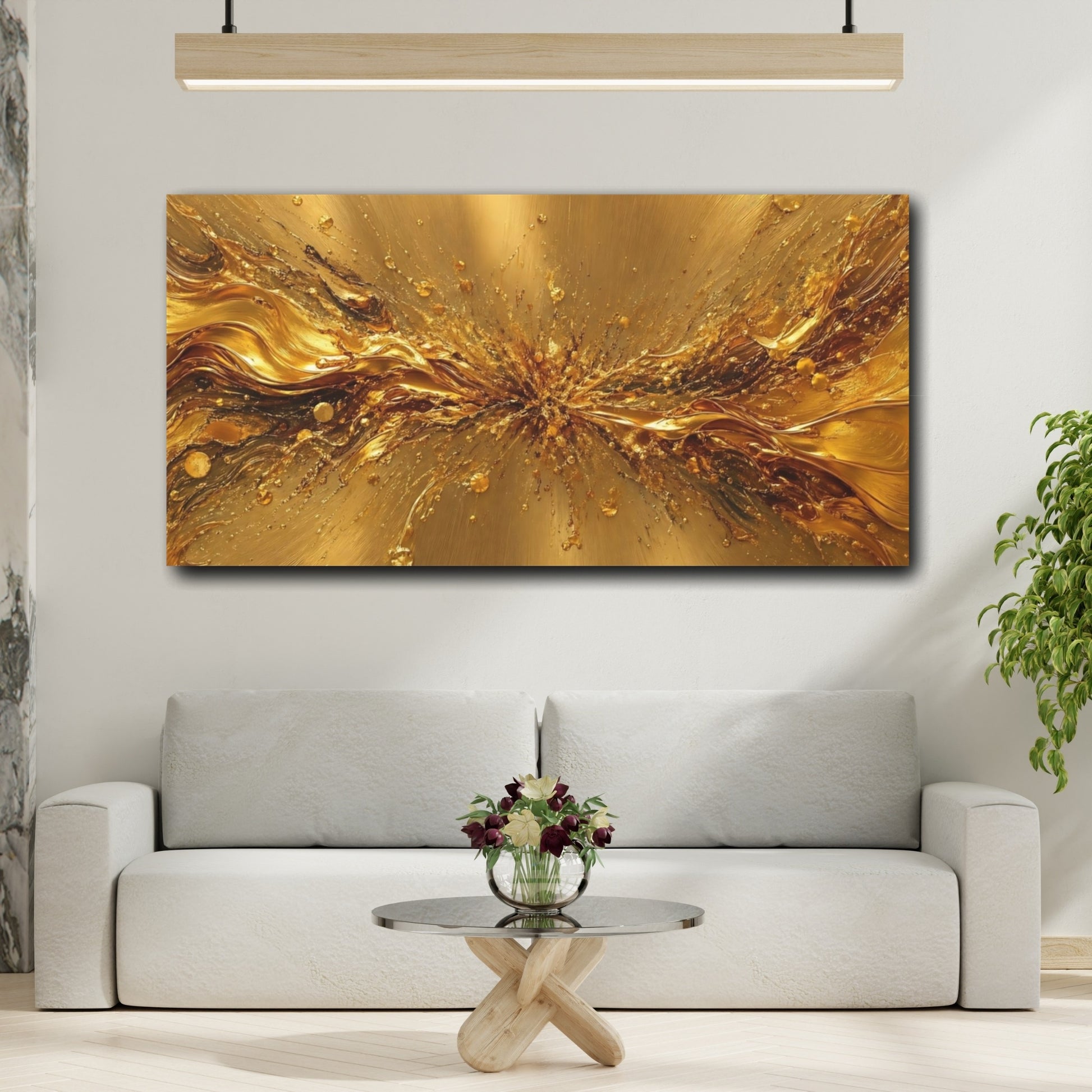 Mockup 3. Abstract Gold Splash Gold Abstract shown as stretched canvas wall art
