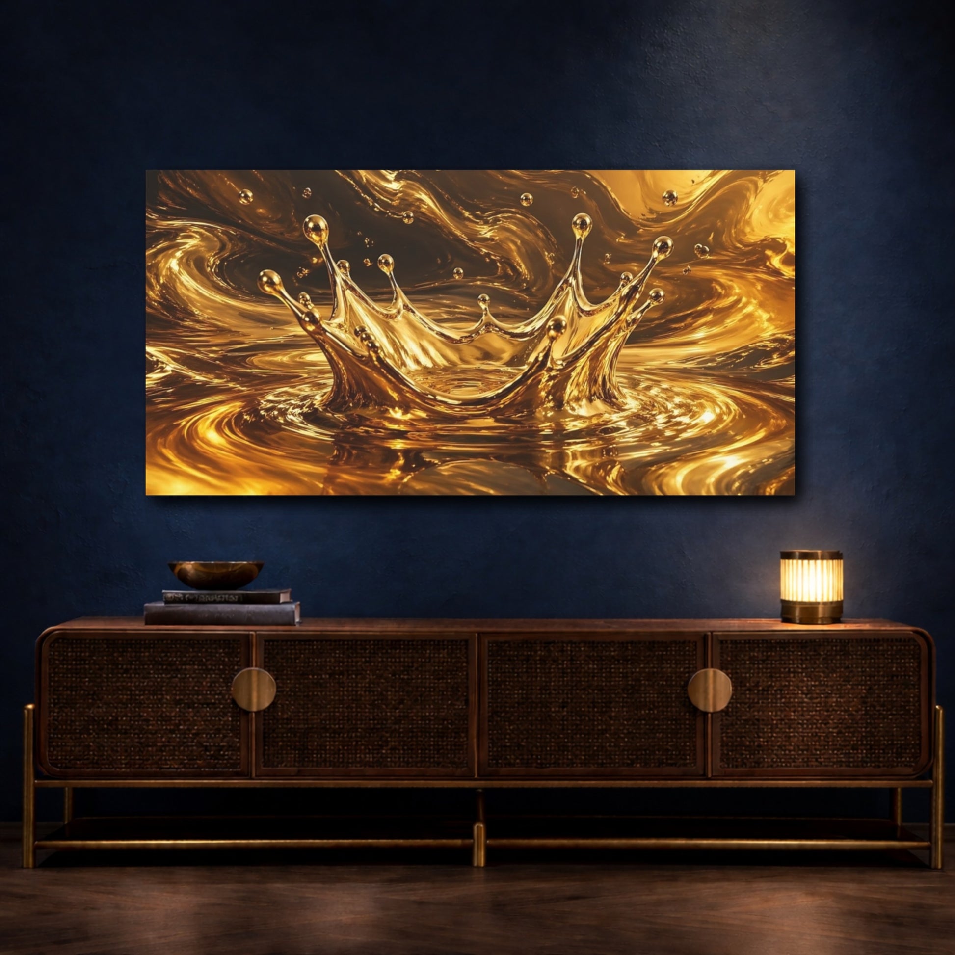 Mockup 4. Abstract Gold Splash Gold Abstract shown as stretched canvas wall art