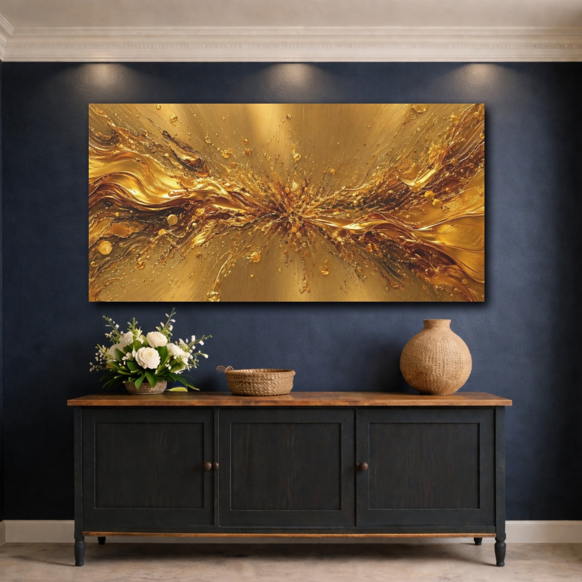 Mockup 4. Abstract Gold Splash Gold Abstract shown as stretched canvas wall art