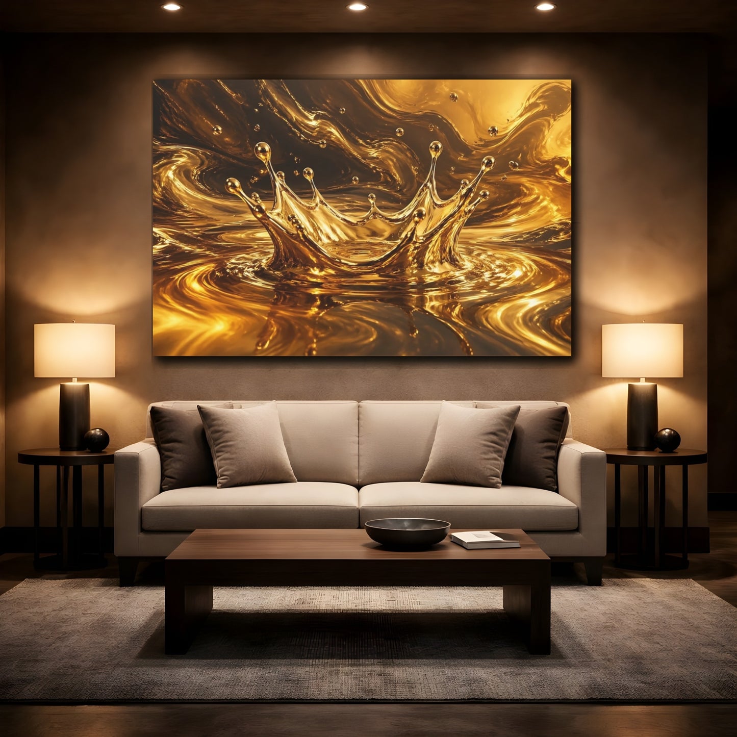 Mockup 2. Abstract Gold Splash Golden Abstract shown as stretched canvas wall art