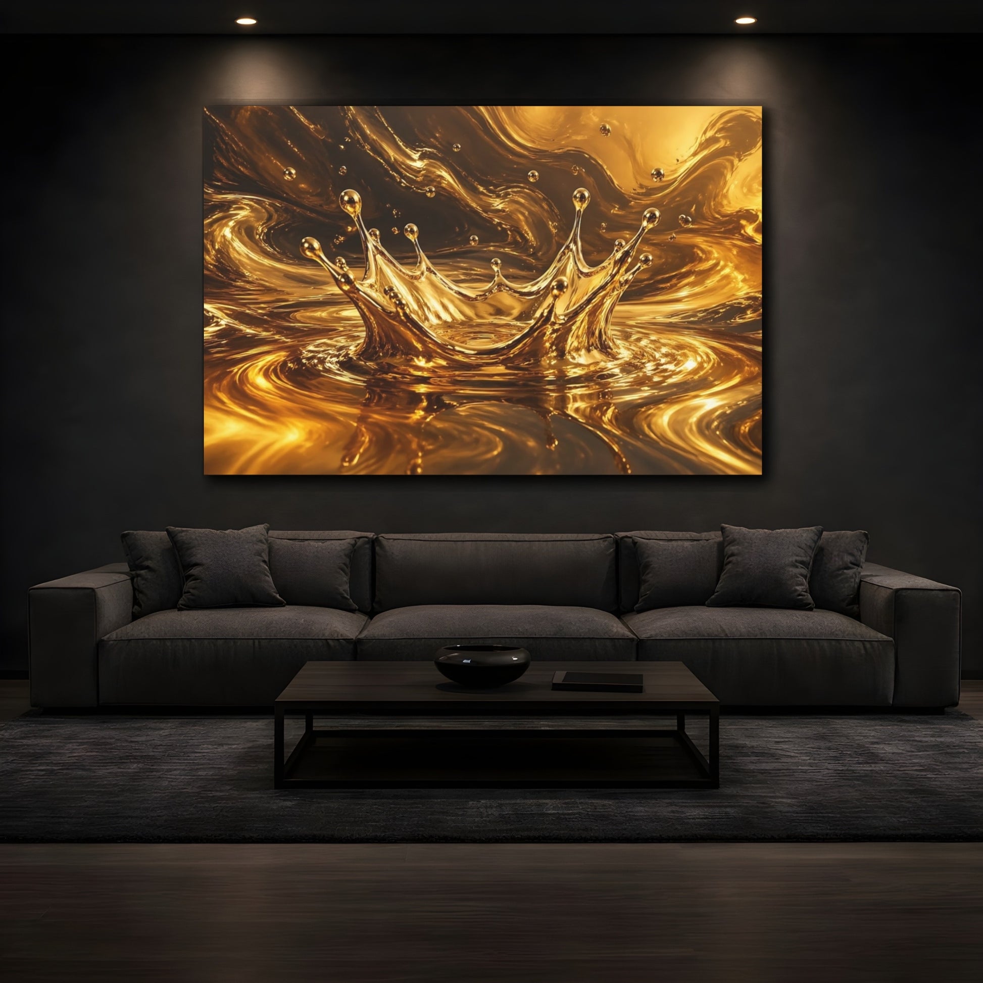 Mockup 3. Abstract Gold Splash Golden Abstract shown as stretched canvas wall art