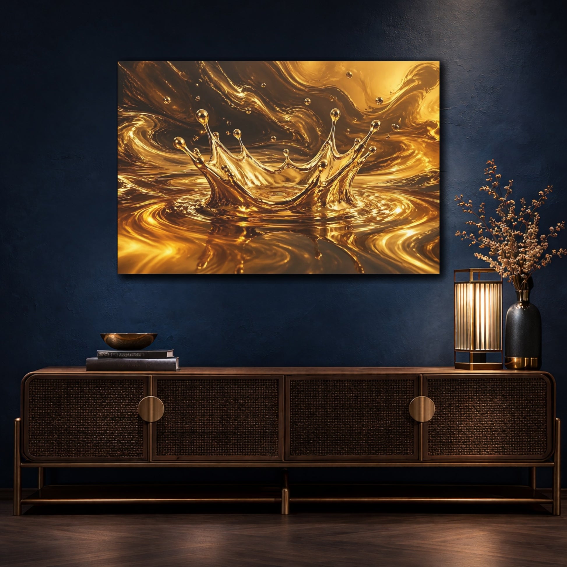 Mockup 4. Abstract Gold Splash Golden Abstract shown as stretched canvas wall art
